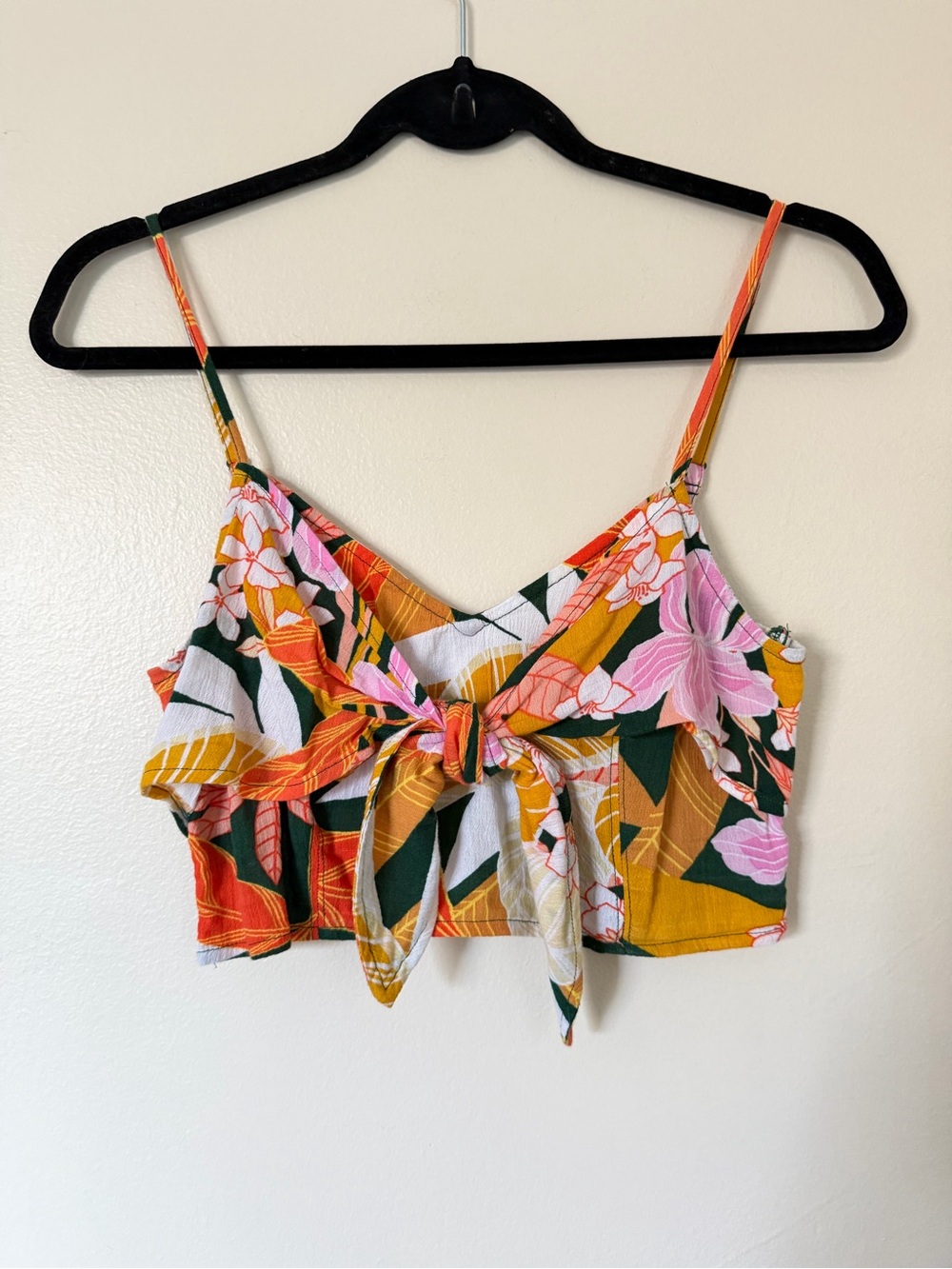aerie Floral Tie-Front Crop Top XS Smocked Tropical Brami Cami